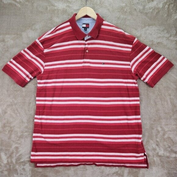 VTG Tommy Hilfiger Polo Shirt Red White Striped Short Sleeve Men's Size XXL 2XL - Picture 1 of 10